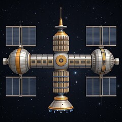 Futuristic space station with solar panels orbiting in the starry night sky
