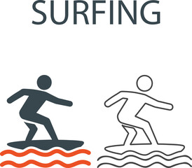 Surfing Line art icons. Containing hiking, camping, snorkeling, climbing, and travel. Outdoor activity concept. Solid icon collection.