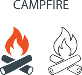 Campfire Line art icons. Containing hiking, camping, snorkeling, climbing, and travel. Outdoor activity concept. Solid icon collection.