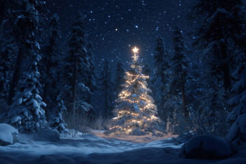 Snow covered evergreen tree standing in winter forest illuminated by string lights and glowing star topper at night surrounded by tall pine trees under star filled sky