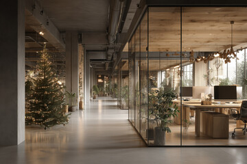 Modern open plan office featuring glass-walled meeting rooms and decorated Christmas tree, empty workspace with computer monitors and indoor plants visible through windows
