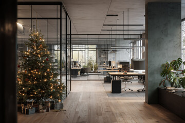 Modern open plan office decorated with Christmas tree and wrapped gifts standing near glass meeting room, empty workstations and large windows showing daylight outside