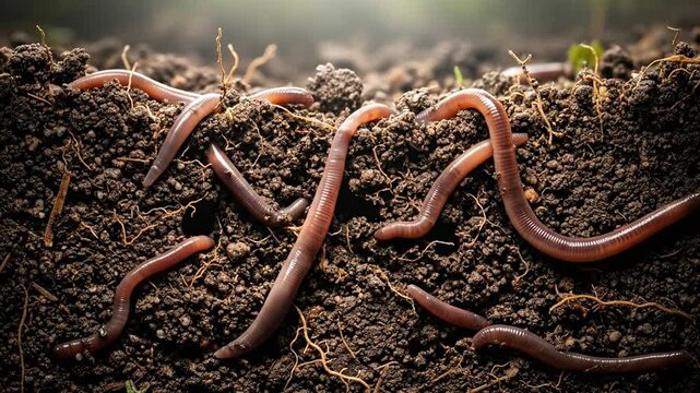 Earthworms wriggle through dark soil, revealing vibrant underground life