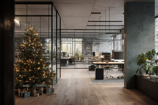 Modern open plan office decorated with Christmas tree and wrapped gifts standing near glass meeting room, empty workstations and large windows showing daylight outside
