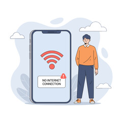 Person Next to Smartphone Displaying "No Internet Connection" Message Icon