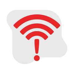 WiFi network connection error icon, featuring a wireless signal symbol with an exclamation mark, flat vector graphic design element.