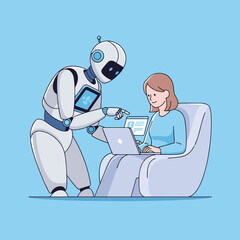 Woman using a laptop while a robot assistant points to the screen, illustrating AI, automation, and human-robot interaction in technology.