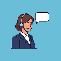 Female customer service representative wearing a headset with a speech bubble, symbolizing online support and communication, flat vector illustration.