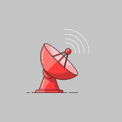 Red satellite dish emitting wireless signals, symbolizing telecommunication, broadcast, and global connectivity, flat vector illustration.
