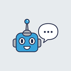 Cute blue robot head with a speech bubble, representing a friendly chatbot, AI assistance, or virtual communication, flat vector icon.