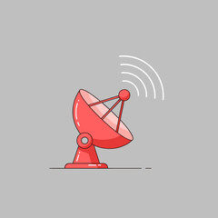Red satellite dish emitting wireless signals, symbolizing telecommunication, broadcast, and global connectivity, flat vector illustration.