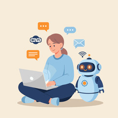 Woman with a laptop and a friendly robot helper, surrounded by chat bubbles and communication icons, symbolizing AI assistance and digital interaction.