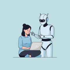 Woman using a laptop while a robot assistant points to the screen, illustrating AI, automation, and human-robot interaction in technology.
