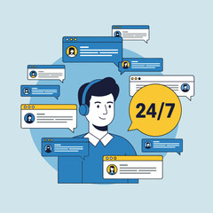Man wearing a headset, smiling, surrounded by chat bubbles and a 24/7 icon, representing continuous customer support, call center services, or online assistance.