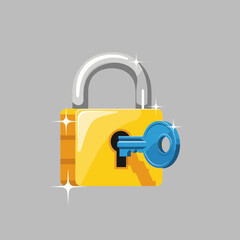 Sparkling Golden Padlock with a Blue Key Inserted, Symbolizing Security and Access.