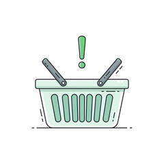 Empty Shopping Basket with Green Exclamation Mark, Representing Important Shopping Alert or Reminder.