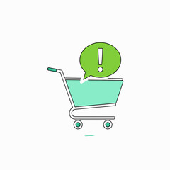 Shopping Cart with Green Exclamation Mark in Speech Bubble, Symbolizing Shopping Notification or Alert.