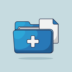 Stylized Blue Folder with Plus Sign and Document on Light Blue Background, Symbolizing Adding New Content.