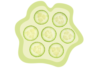 Sliced cucumber circles on wavy green abstract background, isolated on transparent PNG.