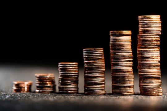 Coins stacked in ascending order showcasing growth and financial success with shiny metallic finish illuminated by soft light against a dark backdrop, ideal for investment and wealth concepts