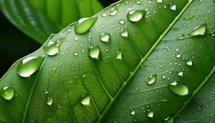 close up of fresh green leaf covered with water droplets