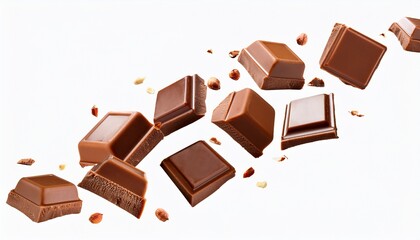 multiple pieces of milk chocolate with hazelnut filling are falling against a white background background removed