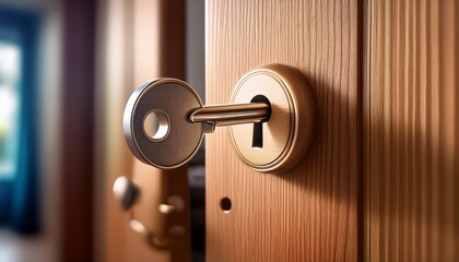 Obraz premium close up of a key turning in a keyhole securing a sturdy wooden door latch home