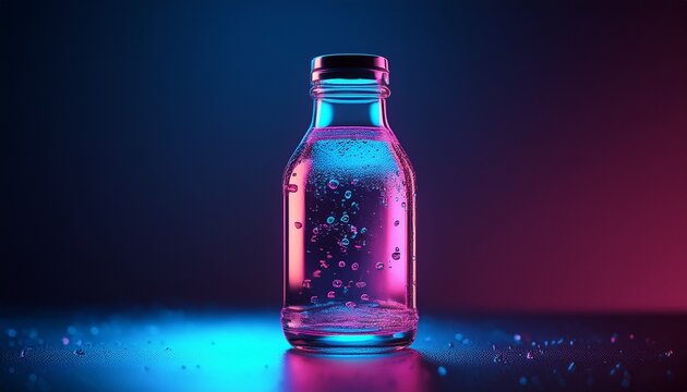 closeup glass bottle with water droplets pink and blue neon light