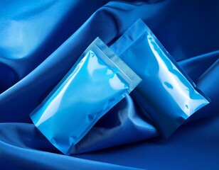 creative graphic layouts for advertising pouches in a bright blue theme