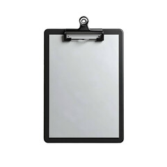 A black clipboard holds a white sheet of paper, isolated on a stark black backdrop