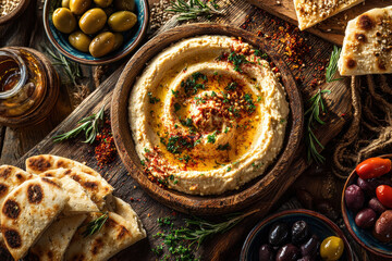Hummus mit Oliven, Pita und Gewürzen auf rustikalem Holztisch – mediterrane Küche