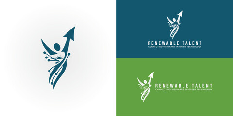 The energetic figure features an upward arrow and sunburst details to symbolize top talent, professional growth, and the bright future of renewable energy recruitment.