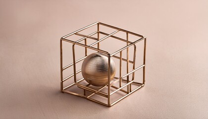metallic sphere in wire cube minimalist still life