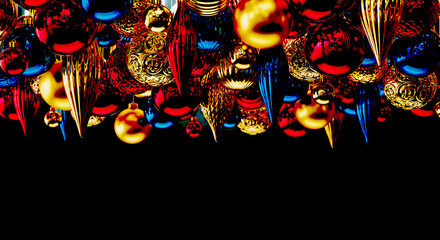 Naklejka premium Festive Red Blue Gold Christmas Ornaments Hanging Dark Background decorations holiday