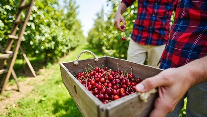 Fototapeta premium Fruit farmer holding fresh cherries