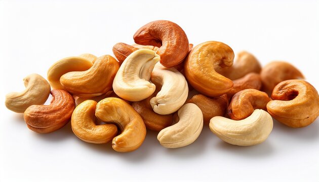 assorted roasted cashew nuts displayed on a white background