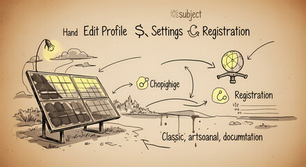 Artisanal hand-drawn conceptual illustration depicting solar panel energy flow integrating with digital processes for profile settings and user registration, showcasing an abstract data ecosystem