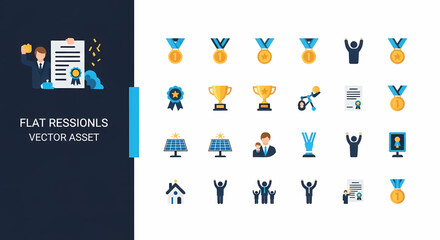 A versatile collection of flat design vector icons representing business success, professional achievement, awards, and celebratory recognition. Perfect for illustrating triumph, career milestones