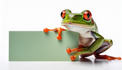 Obraz premium a curious green frog with striking red eyes stands on its hind legs holding a blank sign ready for a message