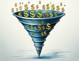 sales funnel with dollar signs isolated on white background representing conversion lead generation marketing strategy and revenue growth in business