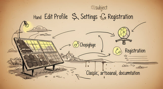 Artisanal hand-drawn conceptual illustration depicting solar panel energy flow integrating with digital processes for profile settings and user registration, showcasing an abstract data ecosystem