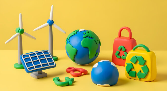 Colorful clay models representing a sustainable future renewable energy from wind and solar power, global environmental protection, and recycling efforts for a greener planet