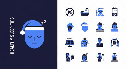 A vibrant set of flat vector icons depicting essential healthy sleep tips, daily routines, and self-care elements for a balanced lifestyle and personal well-being