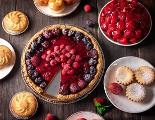 assorted desserts with raspberry pie fruit tarts and cookies on a rustic wooden table