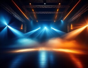 stage and blue and orange smoke night lightning in fog searchlight beams