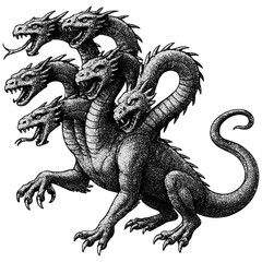 Hydra Engraving, Vintage Stipple Illustration of Mythical Multi-Headed Dragon, Black and White Etching Isolated on White Background