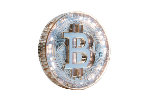 Detailed bitcoin coin showcasing intricate texture and design in bright lighting