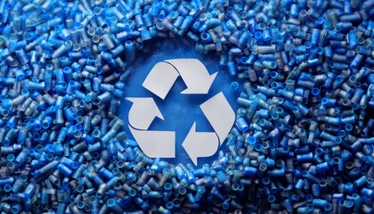 a blue recycling symbol rests on a textured pile of blue plastic pellets representing sustainability and industrial processes
