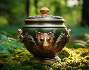 pet funeral urn on mossy ground with green foliage