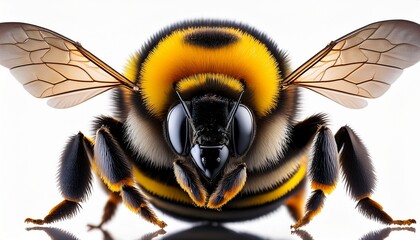 detailed macro view of a fuzzy bumblebee with prominent wings and yellow and black stripes cut out transparent